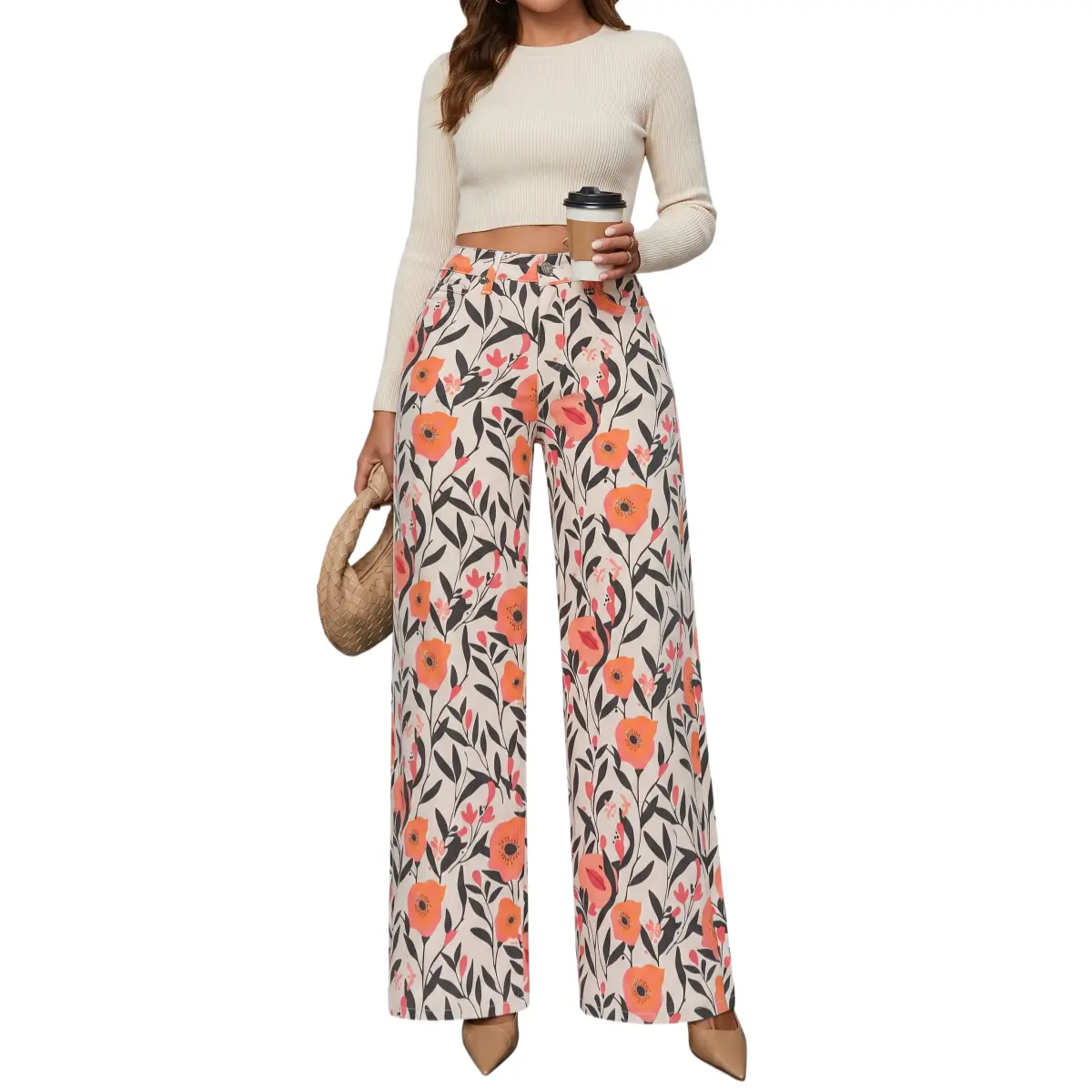 Vogatiques Magic Floral Print Stretchy Wide Leg Jeans Mid Low Waist BBL Fit Y2K Denim Pants