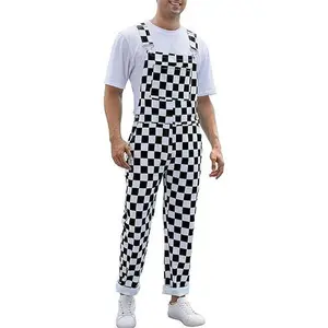 Race Day Men's Overalls, Stretch Denim Coveralls, Workwear with Pockets, Black and White Checkered Jumpsuit with Zipper, Menswear Bibs