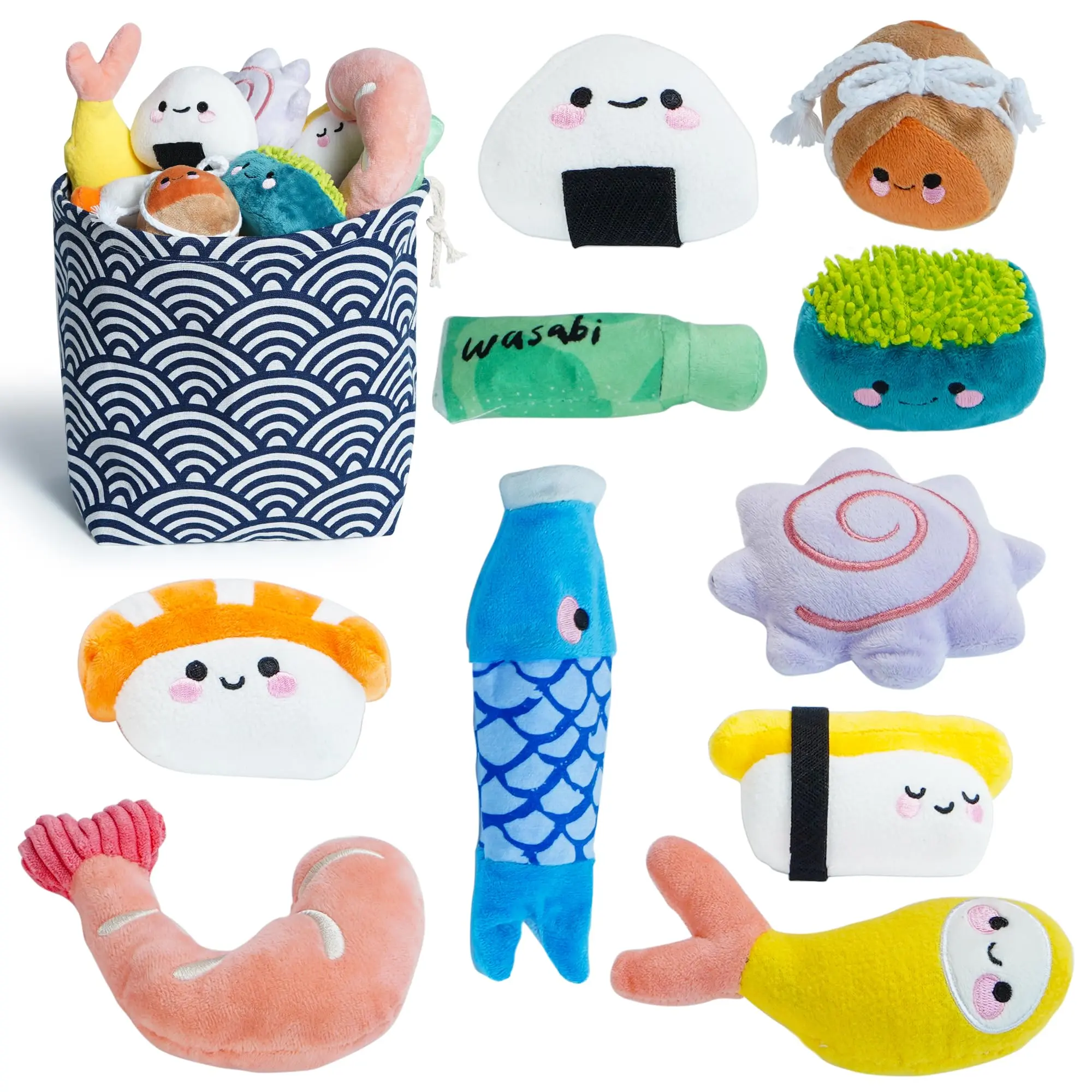 Nocciola 10 PCS Sushi Toys with Takeout Bag,Plush Squeaky Dog Toy Set,Cute Stuffed Pet Toys,Puppy Chew Toys,For Small to Medium Dog, Foodie Series toy
