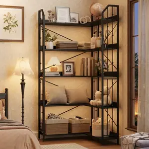 GAOMON 72" Industrial L-Shaped Corner Bookshelf, 5-Tier Bookcase with Metal Frame & MDF, Tall Display Shelf for Living Room & Bedroom
