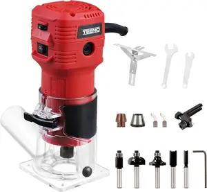 TEENO Wood Router, 650W 110V Compact Router Tools for Woodworking, 32000 RPM Hand Trim Router with 1/4" Router Bits Set, 6 Variable Speeds, Edge Guide, Roller Guide