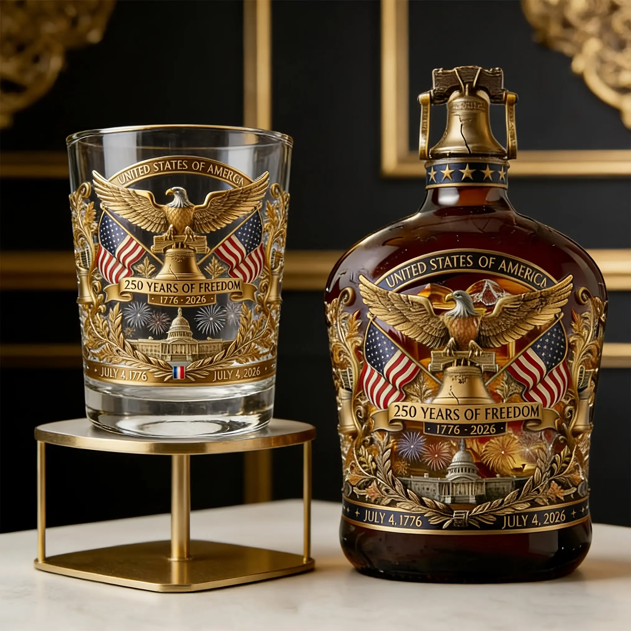 250th Anniversary Commemorative Glass Bottle Gift Set | American Retro Style, Suitable for Scottish Whiskey Collection, Desktop Display & Independence Day Premium Gift