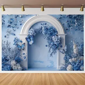 Blue Flower & Butterfly Pattern Photography Backdrop, 1 Count Romantic Arch Door Frame Surrounded Wall Decor, Wall Decor for Wedding Party, Banners, Wedding Arched Backdrop