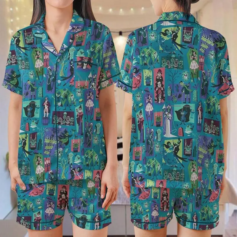 Spooky Haunted House Pajama Set, Ghost Print Halloween Sleepwear, Cozy T-Shirt Lounge Outfit