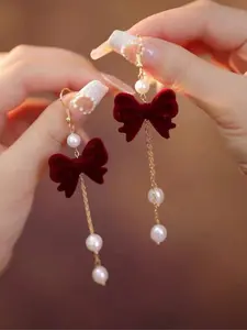 French Sweet Velvet Bow Fringe Earrings, Elegant Design with Artificial Pearls, Perfect for Various Occasions, Women's Fashion Jewelry Earrings Accessories