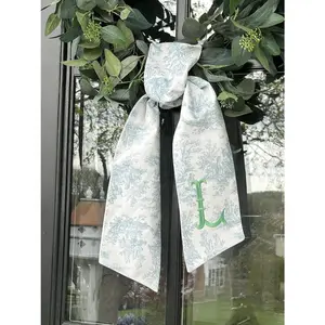 Blue Toile Wreath Sash | Classic Embroidered Personalized | Monogrammed | Housewarming | Wedding Bridal Baby Shower | Vintage Vine Monogram