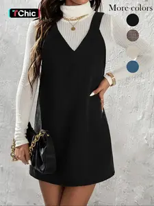 Women's Solid Color Corduroy Fitted Vest Dress without Sweater, Casual Sleeveless Straps Short Dress for Daily Wear, Ladies Clothes for All Seasons