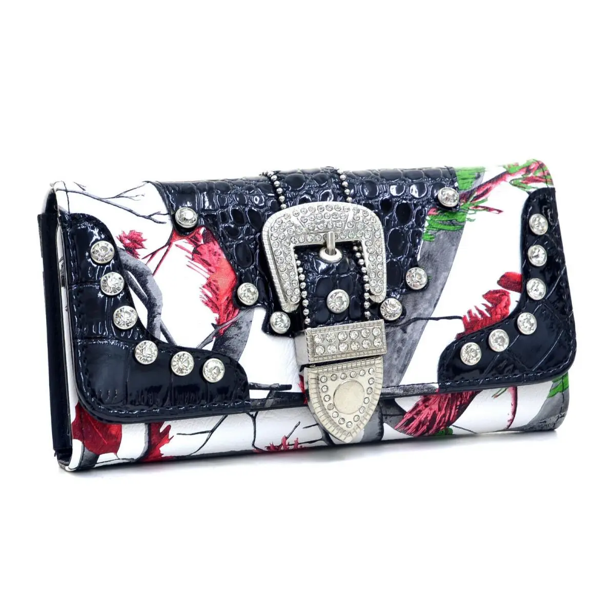 Ritz WB146-RD-CAM Blinged-Out Tri-Fold Women's Western Wallet, Camouflage & Red Design, Rhinestone Bling Buckle, Blinged-Out Women's Wallets, Tri-Fold Women's Wallets