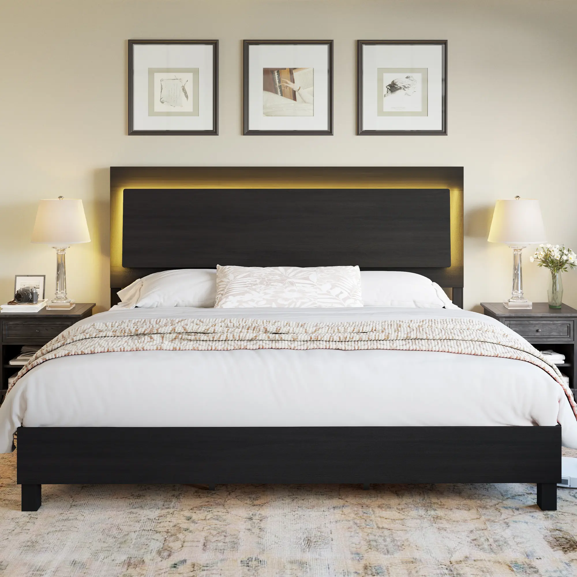 [SummerSale] AMERLIFE Wood Bed Frame with 47" Headboard, Rustic Platform Bed with LED Lights, Mattress Foundation with Wooden Slats Support
