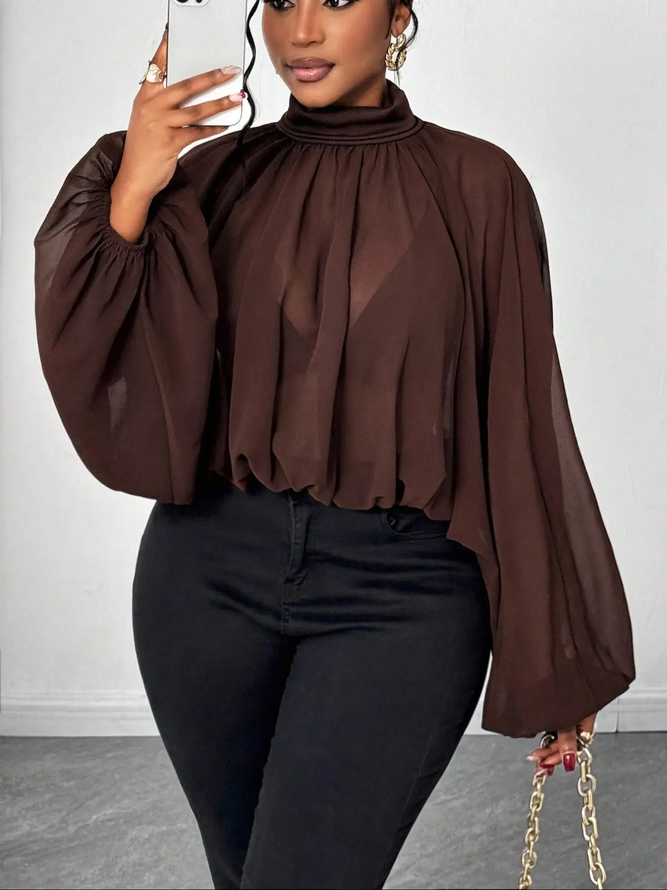 Women's Casual Fashion Aesthetic Blouse, Solid Color Stand Collar High Neck Long Sleeve Lantern Sleeve Top, Ruched Design, Women's Spring & Fall Clothing