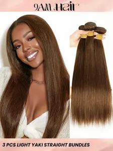 3PCS 4#-YK Light Yaki Straight Human Hair Bundles, Medium Brown Brazilian Hair