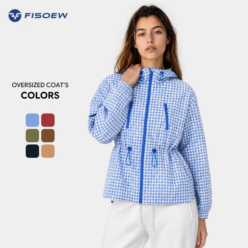 Fisoew Women's Oversized Plaid Hoodie Coat - Lightweight Long-Sleeve Streetwear Outerwear, Stylish Jacket with Hood, Adjustable Waist, Zippered Pockets, Multi-Size Casual Windbreaker for Beach Travel