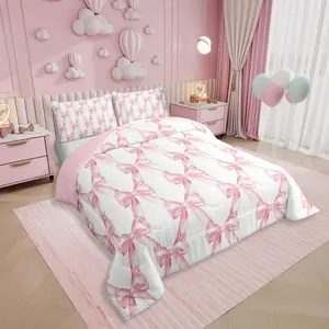 Ribbon Bow Bedding Set for Girls Teen,Women,Pink Bowknot Bedding Comforter Sets, Cute Fantasy Princess Comforter Set,Kawaii Bow Tie Bed Duvet Set