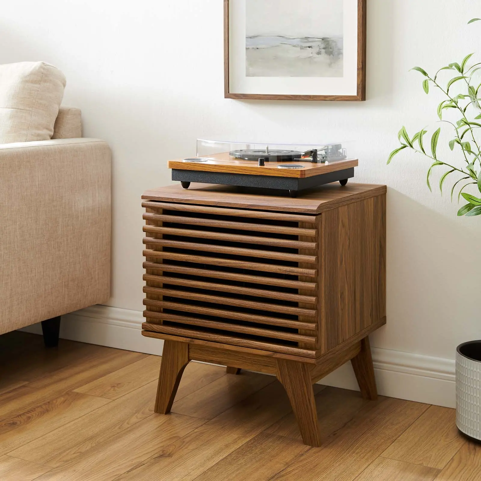 Modway Render Standing Vinyl Record Display Rack, Walnut Wood Organiser with Metal Accents, Indoor Furniture Cupboard Component