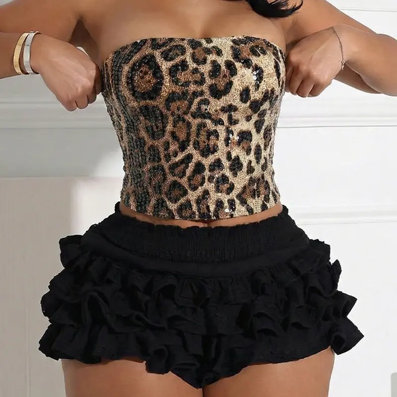 Women's Sexy Elegant Leopard Print Sequin Tube Top, Y2K Street Style, Casual Chic Clothing, Cropped Women's Top for Daily Wear, Womenswear
