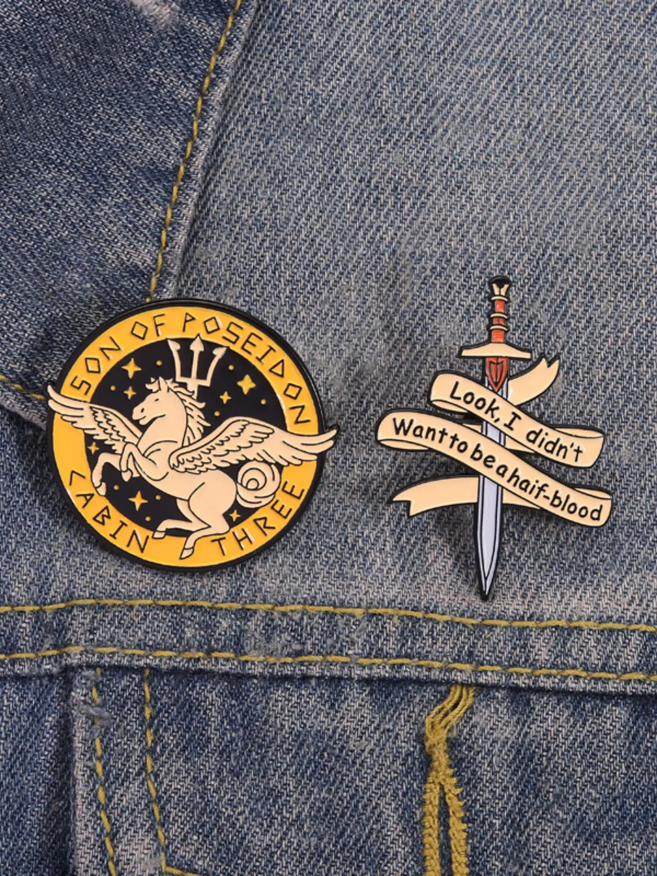 2Pcs Percy Jackson and the Olympians Brooch Enamel Metal Pins Camp Half-Blood Son Of Poseidon Cabin Three Brooches Decorative Backpack Clothes Lapel Hat Badge Fashion Jewelry, Fashion Accessory Gifts for Friends