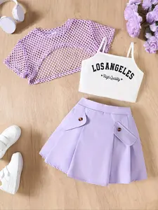Girls' Fashion Three-Piece Set, Light Mesh Short Top, Tank with Losangeles Print, Pleated Skirt with Pockets, Cute Clothing Set