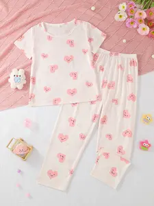 Girls' Cartoon Heart Pattern Sleepwear Set, Fitted Short Sleeves & Elastic Waist Pants, All-Season Casual Wear for Girls, Snug Fit Pajamas, Pajama Outfit, Pastel Cute Pajamas, Cartoon Print Pajama