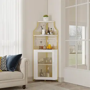 Corner Bar Cabinet, 61" Farmhouse Wine Rack with LED Light, Detachable 5-Tier Industrial Cabinet with Glass Holder & Adjustable Shelves-Gold