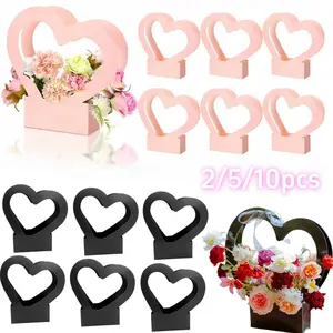 2/5/10pcs Romantic Heart-Shaped Flower Gift Bags: Foldable & Handheld Tote Bags for Special Occasions – Perfect for Valentine's Day, Weddings, Birthdays, Graduations, Mother's Day, Gift Wrapping Supplies (Available in Pink & Black)