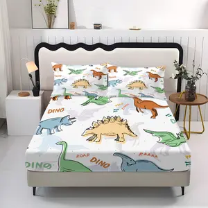 3pc Cartoon Fitted Sheet Set, Dinosaur Print Bedding Set, Comfy Bedding Set, 10-inch deep pockets, includes 1 fitted sheet and 2 pillowcases, available in single, double sizes, a holiday gift for friends and children, suitable for bedrooms, dorms