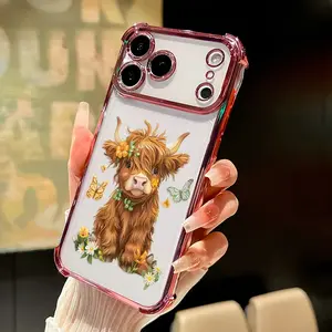 Highland Cow & Butterfly Series Phone Case Protective Four Corners Plated Phone Case for iPhone 17 16 Pro Max 15 Plus 14 13 12 11 E Air Flower - adorned Highland calf Patterned Shockproof Transparent Soft Silicone Cover