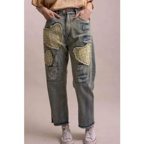 Heart & Distress Patch Washed Denim Pants