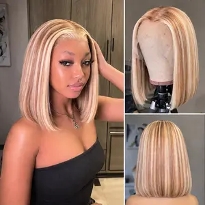 YESWIGS 4/613 Highlight 13X4 HD Transparent Bob Wigs Human Hair Lace Front Wig   Ombre Highlight HD Lace Frontal Bob Wig Human Hair Wear and Go Glueless Bob Wig Human Hair Pre Plucked with Baby Hair Short Bob Colored Wigs Short Bob Lace Front Bob Wig