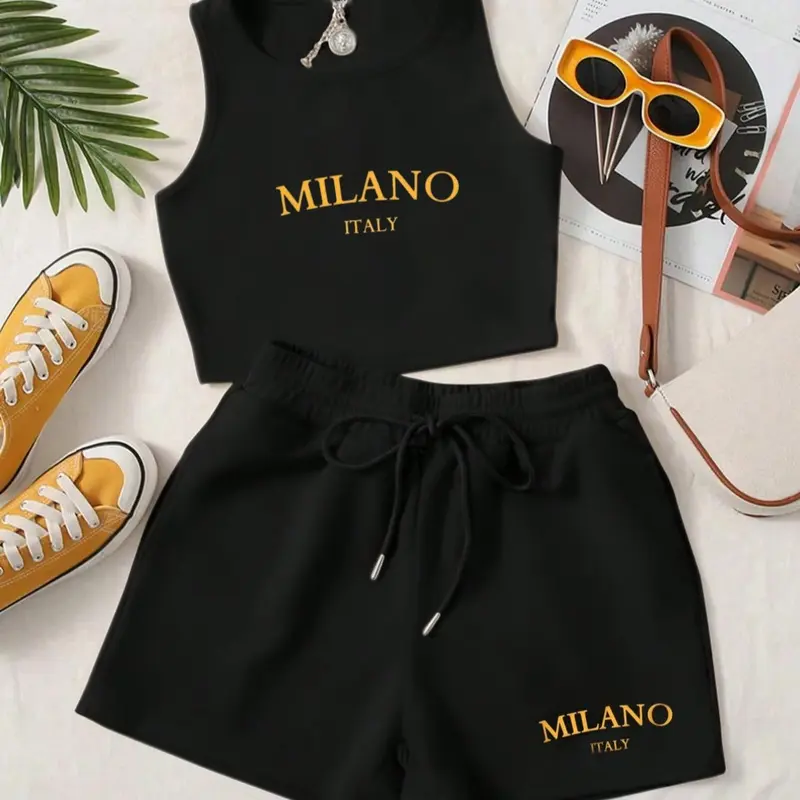 Women's Summer Loungewear Matching Pajama Set Pjs, Nightwear, Sleepwear, Soft Comfy Sleeveless Tank Top and Shorts, Letter Print Fashion, Casual Slim Fit Homewear Essentials, Lounge Pajama Style, Lounge Pajamas