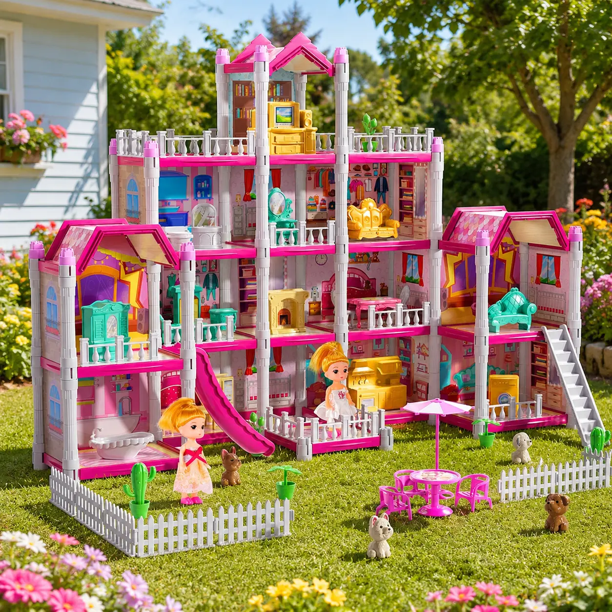 DIY Doll House Dream Complete Playset for Girls - Fully Furnished Role Play Villa with Slide, Dolls, DIY Room Kits, Encourages Imaginative Play, Perfect Gift for 3-4 Years Kids (Christmas/Birthday), Colorful