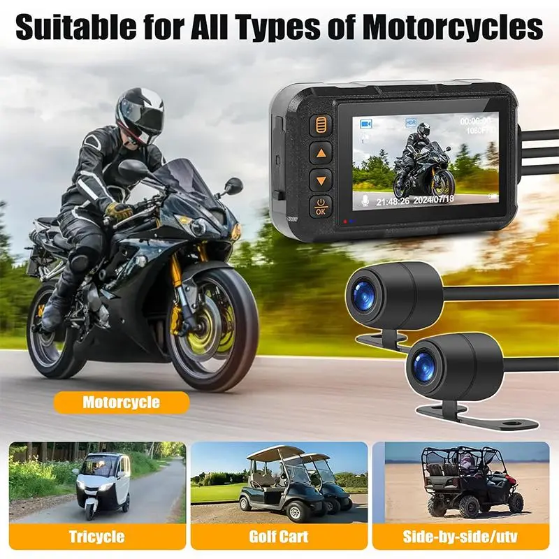 Hikity Motorcycle Front & Rear Dual Dash Cam - IP67 Waterproof 3.0in HD Dashboard Camera Recorder, 64GB TF Card, 12-24V to 5V, G-Sensor, Night Vision, Loop Recording, Split Screen, Automotive DVR, Cyclist Safety, Support Video Playback, Father's Day Gift