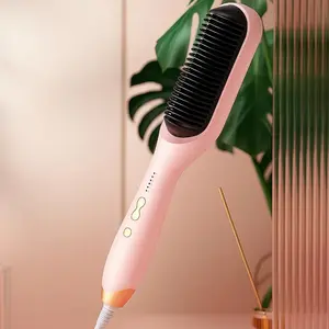 Hair Straightener Brush with 6-Mode, Cool/Hot Air Straightening Comb, Fast Heating, Auto Shut Off & Anti-Scald Shell for Curly Wavy Frizzy Hair | Pink