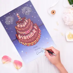Firework Birthday Cards, Light and Music Happy Birthday Card with Blowable Birthday Cake, 3D Pop Up Birthday Gift Greeting Card for Women Men Kids Husband Wife Mom Dad Daughter