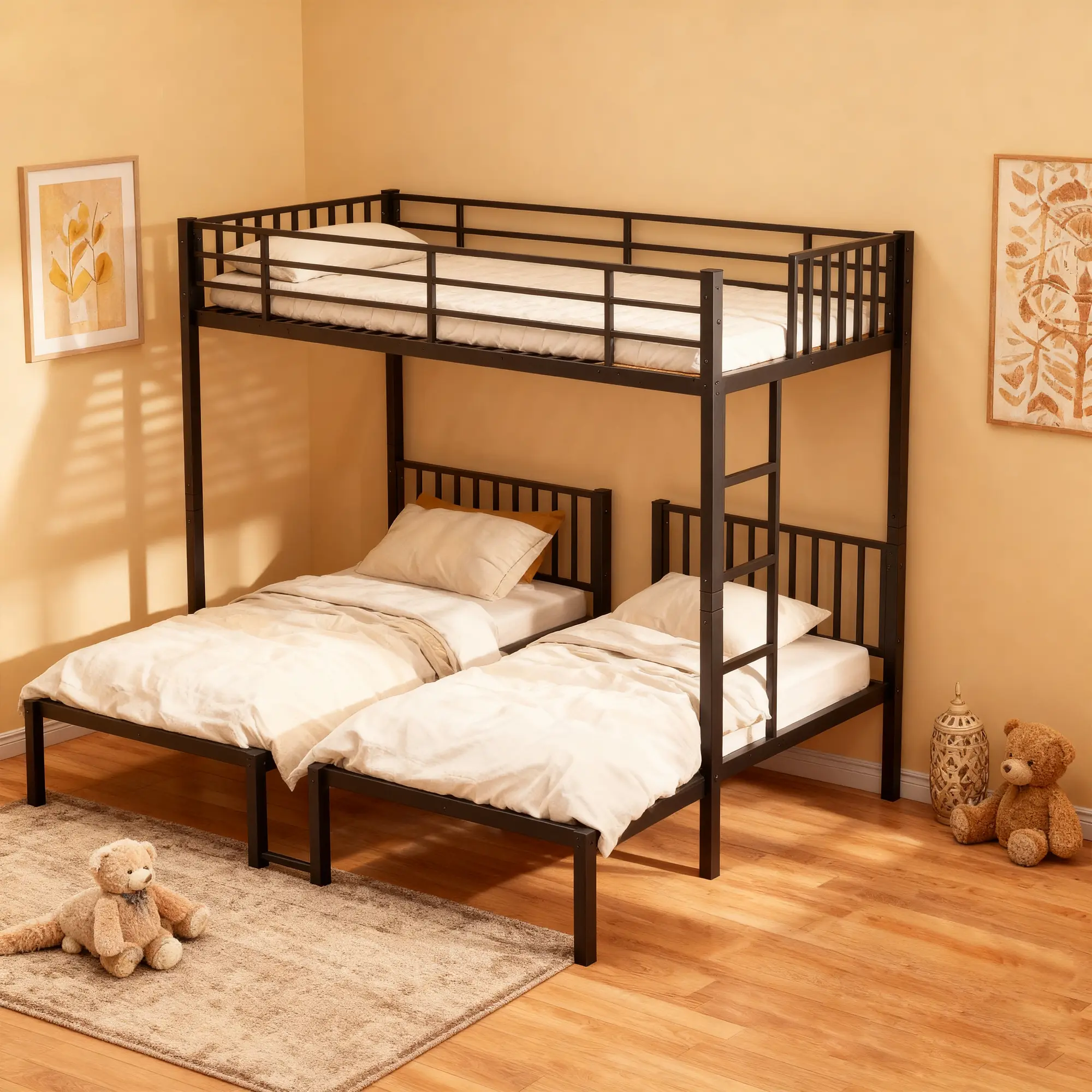 Doenxt Modern Triple Bunk Bed 3 Bed Bunk Beds Separates Into 3 Twin Beds Noise Reduced Structure Black Metal Frame Detachable Design Solid Stable Structure