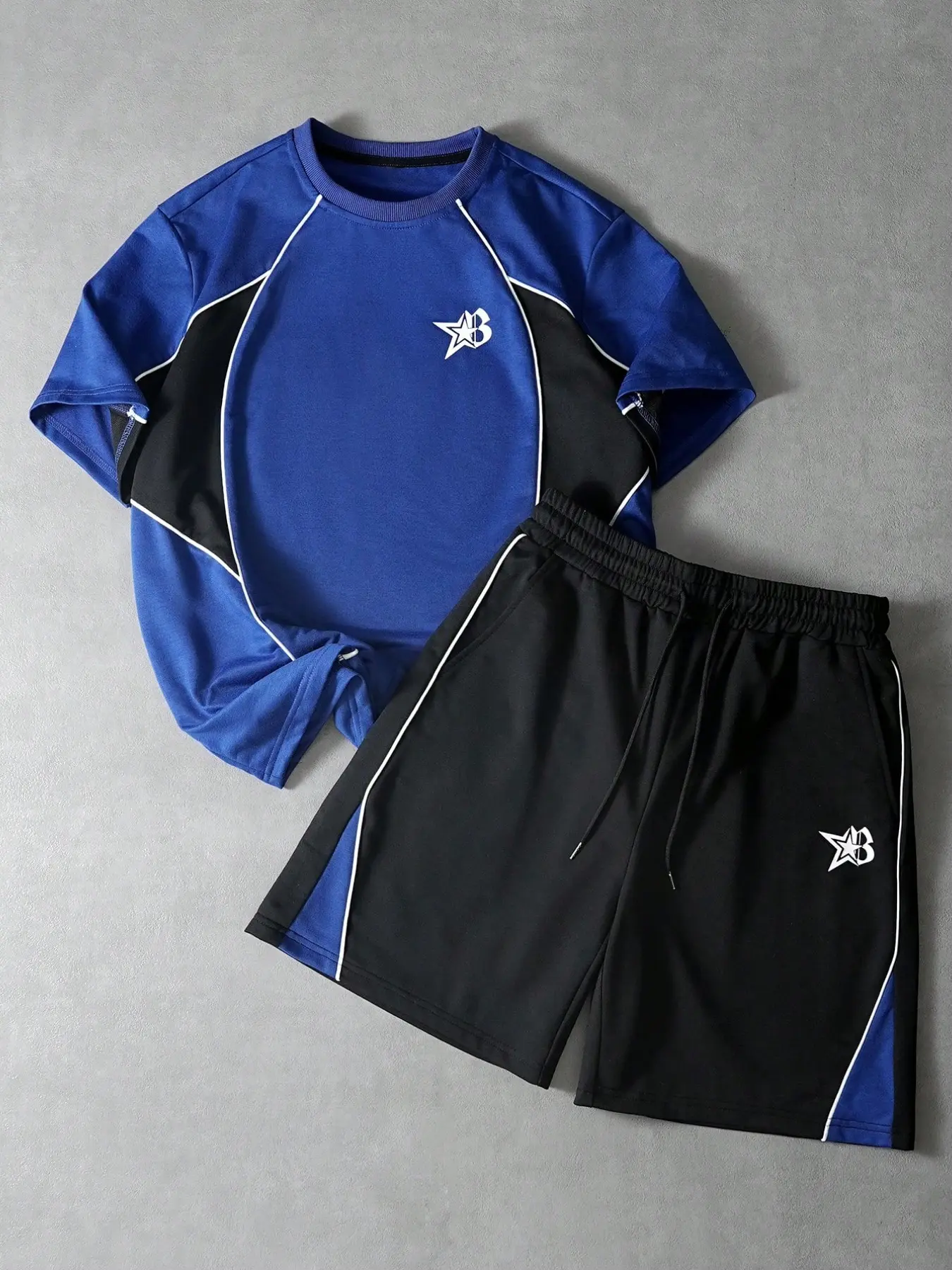 Men's Y2K Streetwear 2 Piece Set - Color Block Short Sleeve T-Shirt & Shorts with Contrast Piping and Star Graphic - Retro Athletic Summer Outfit for Gym & Urban Style - Casual Sportswear Outfit - Athleisure Wear Set