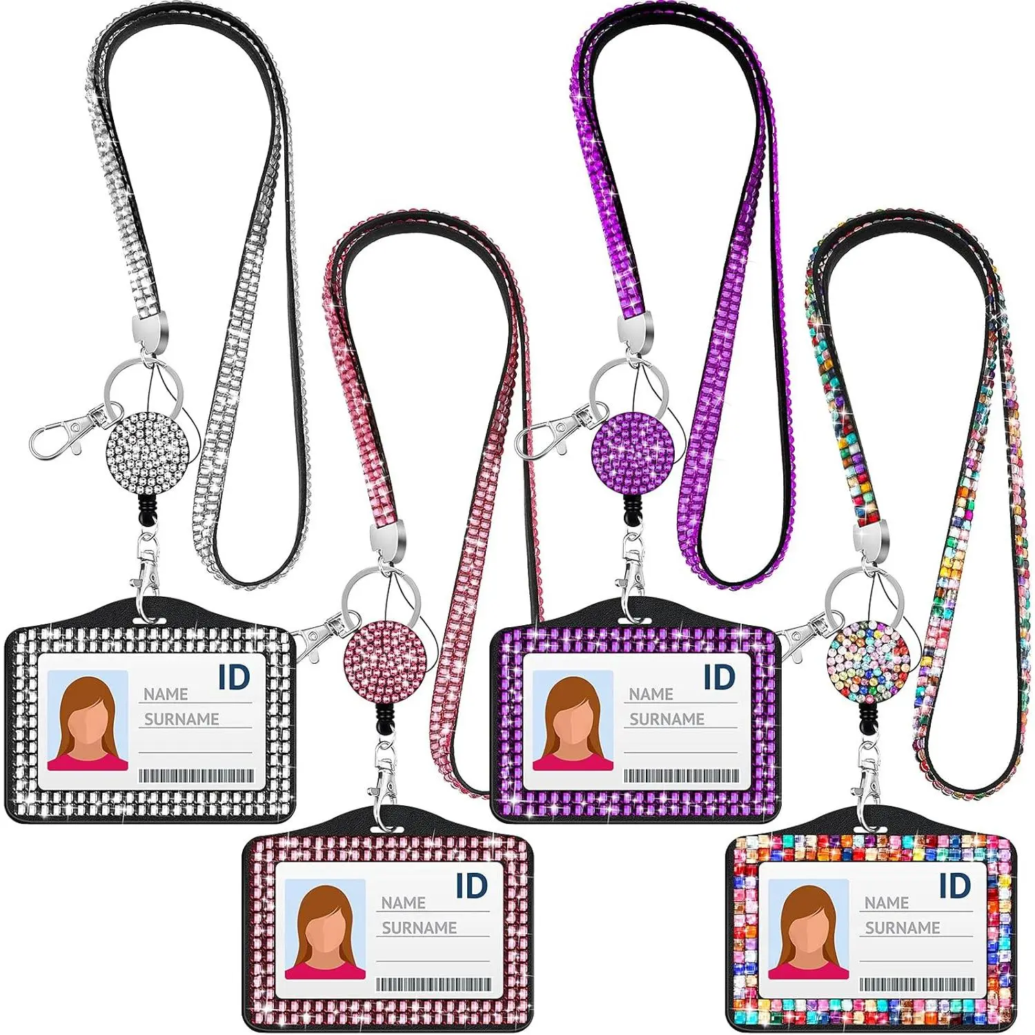 Rhinestone Lanyard Bling ID Card Holder - Retractable Badge Reel for Women Nurse Teacher, 4 Colors (Horizontal) with Metal Clasp and Key Ring