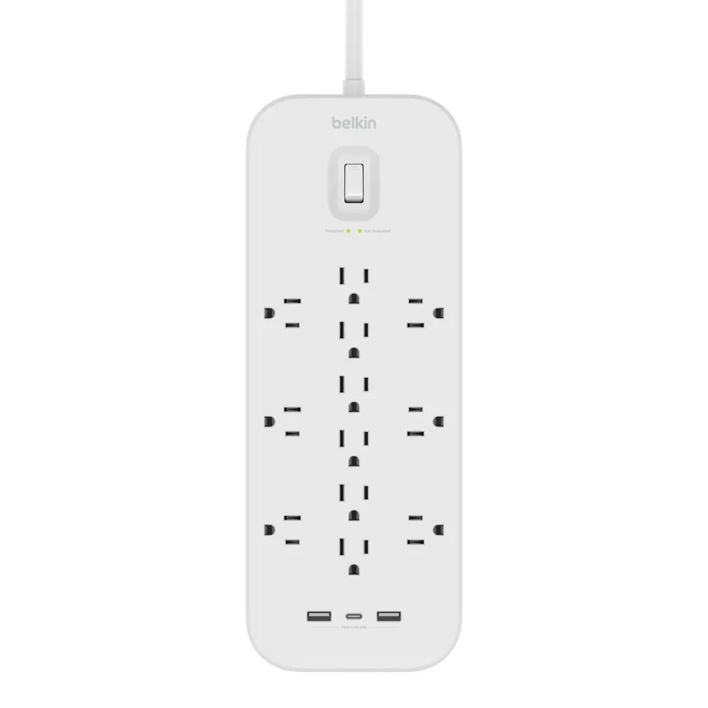 Belkin 12 Outlet Surge Protector with USB-C and USB-A ports with extra long 6 foot cable, on-off switch, 3480 joules surge protection, wall mount, high quality & durability, UL certified, protection for up to 15 devices, white.
