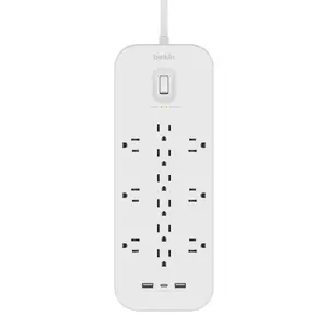 Belkin 12 Outlet Surge Protector with USB-C and USB-A ports with extra long 6 foot cable, on-off switch, 3480 joules surge protection, wall mount, high quality & durability, UL certified, protection for up to 15 devices, white.