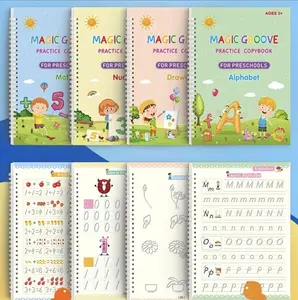 Kids Reusable Magic Groove Handwriting Learning Tool Set - 4 Copybooks, 1 Pen, 6 Refills, Random-Color Colorful Grip, Magic Paper Journal for Preschoolers Early Education