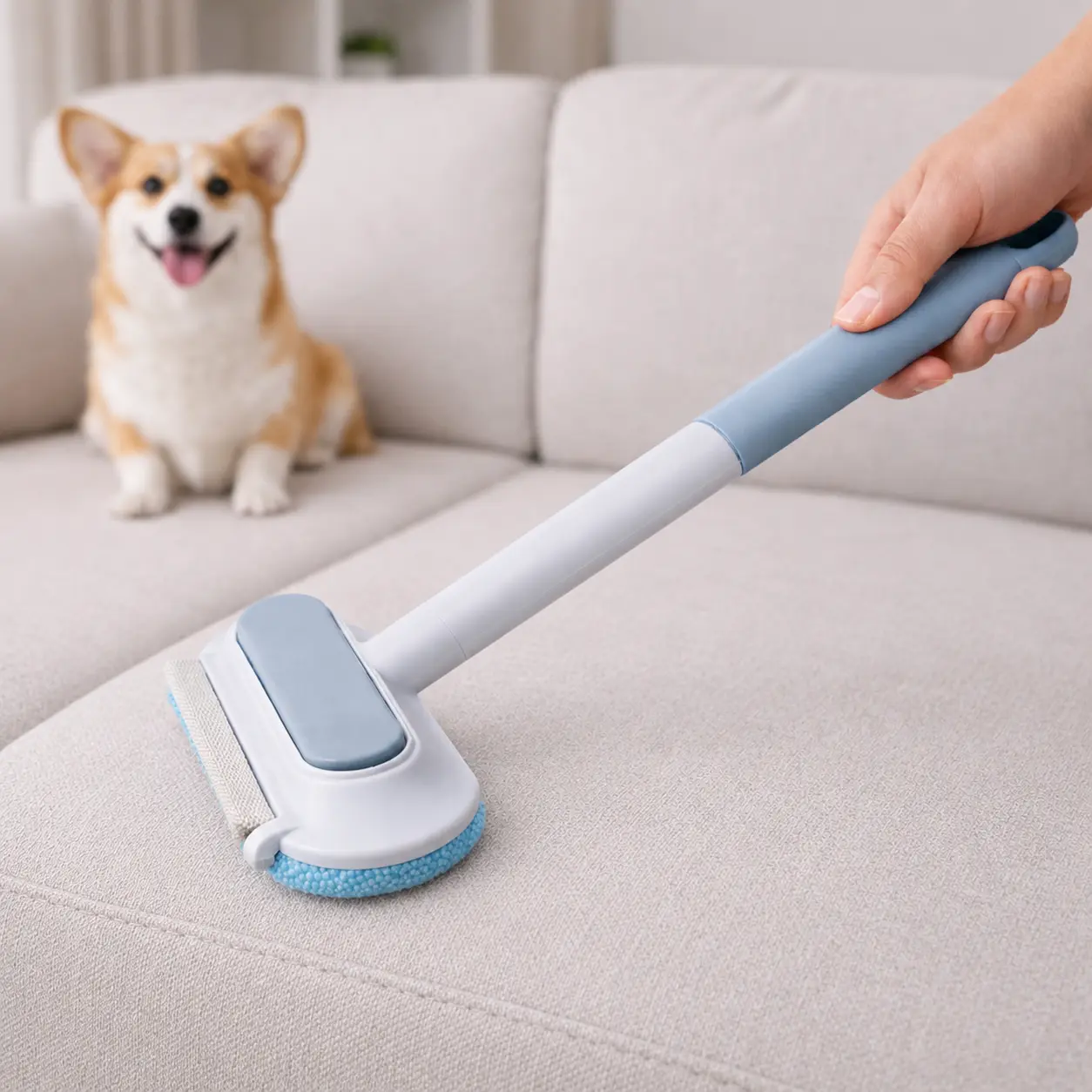 Pet Hair Removal Broom with Long-Reach Handle - Eco-Friendly Reusable Dual-Sided Fur Removal Tool, Deep Clean Wand for Sofa, Carpet