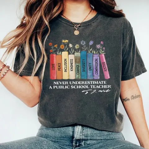 Never Underestimate A Public School Teacher Floral Books Shirt , Tim Walz T-shirt, Harris Walz 2024 Shirt, Save Democrat Tee, Educator Shirt, Harris Walz Tee