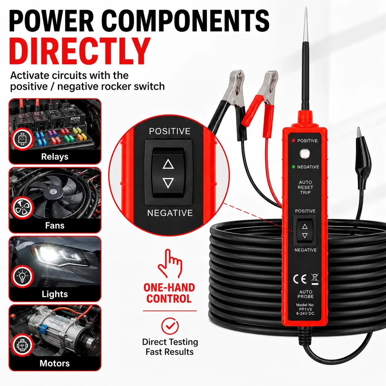 Automotive Power Circuit Tester Tools, 6-24V DC Electrical System Probe with Polarity Indicator, Auto Reset Protection, Long Test Lead, Continuity Check for Car, Truck Wiring
