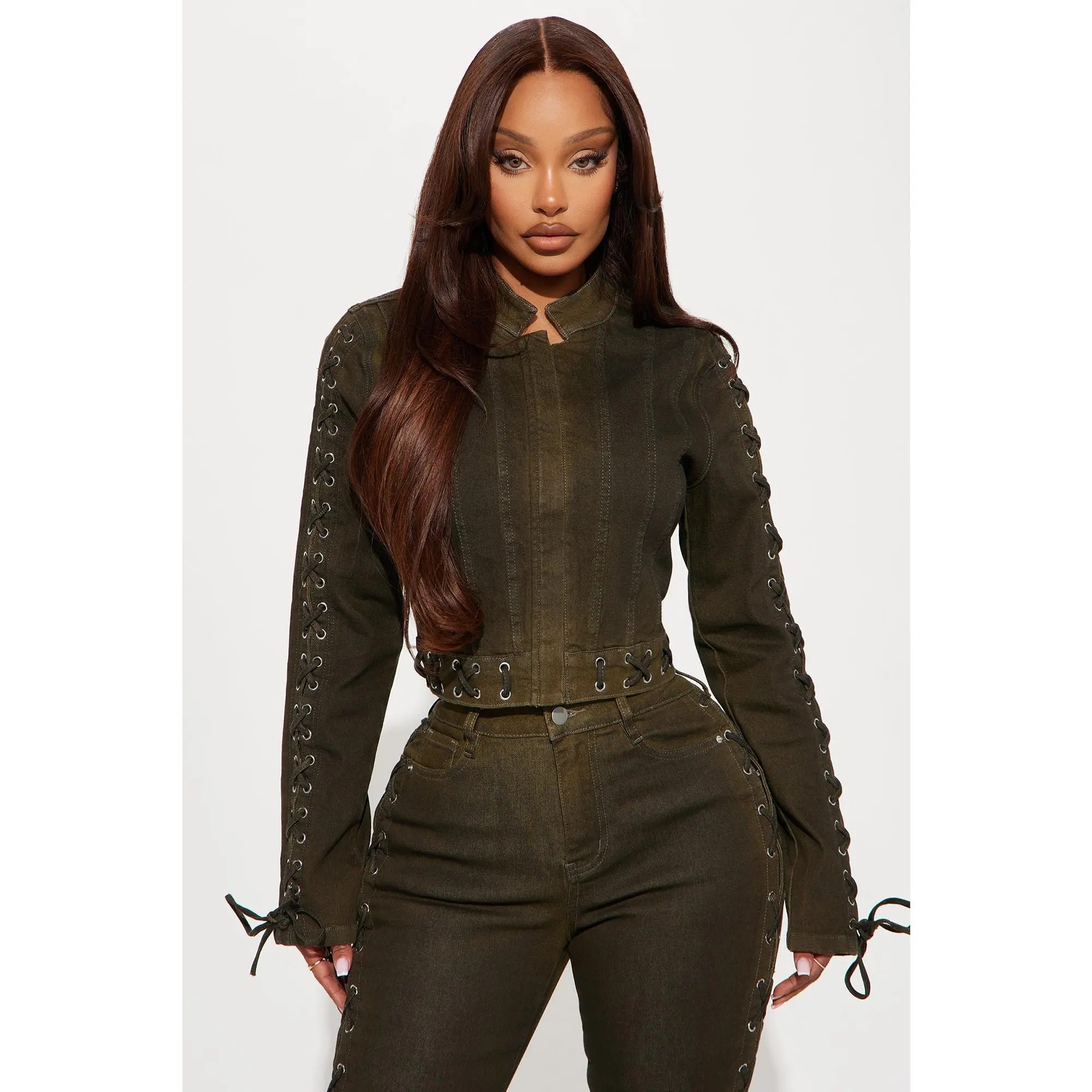 Take Notes Lace Up Stretch Denim Jacket - Olive