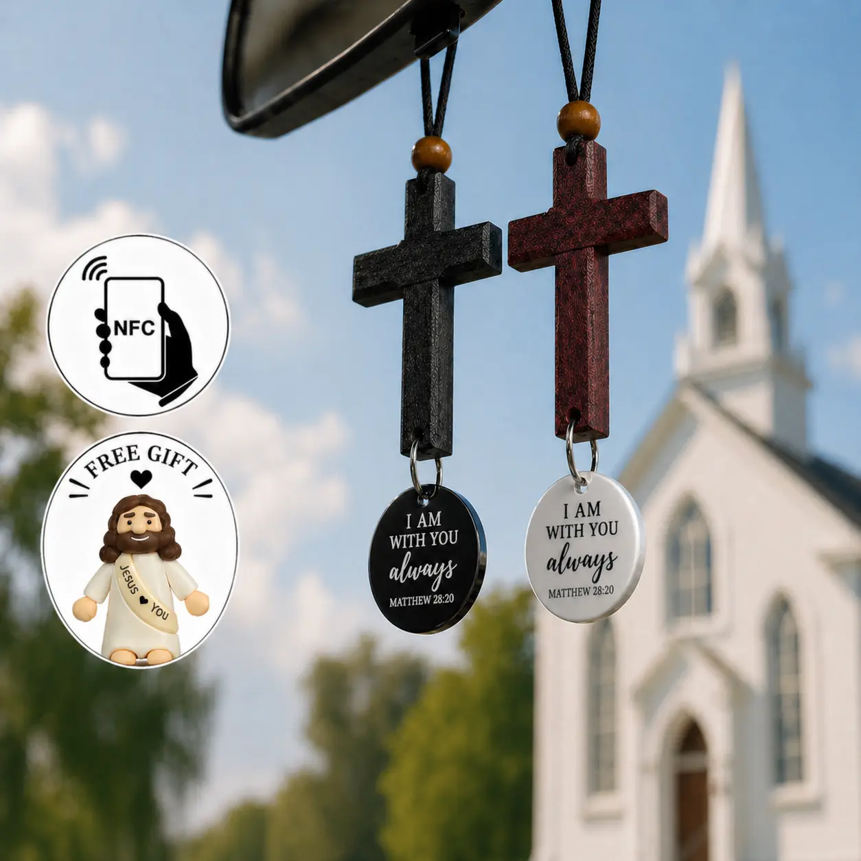 Daily Bible Verse NFC Cross - Smart Car Mirror Hanging, Handcrafted Sandalwood, Scan for Scripture, Free Mini Jesus Figurine, Christian Gift for Drivers, Rearview Mirror Charm, Faith-Inspired Car Accessory
