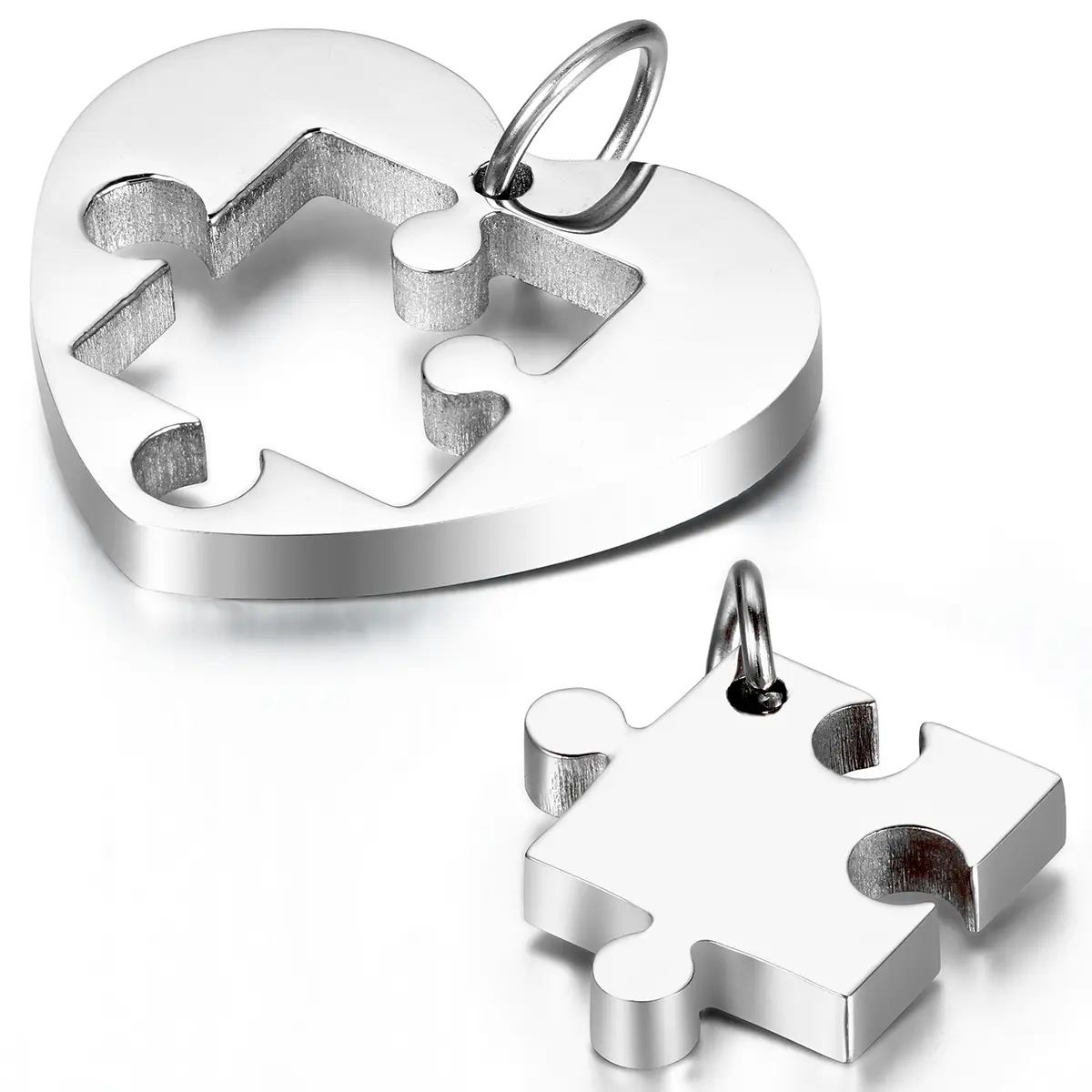 Unisex 2-Piece Couple Puzzle Matching Stainless Steel Heart Necklaces - 18" (45cm) Adjustable Chain & Link, Handmade Fashion Accessory, Love Symbol Costume Jewelry, Gift Ideas