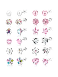 12 Pairs Cute Stainless Steel Screw Back Small Earrings Set for Women Girls Cute Cubic Zirconia Butterfly Flower Heart Designs Multicolored Stud Earrings Trend Jewelry Christmas Gift Hypoallergenic Earring Stacking Set