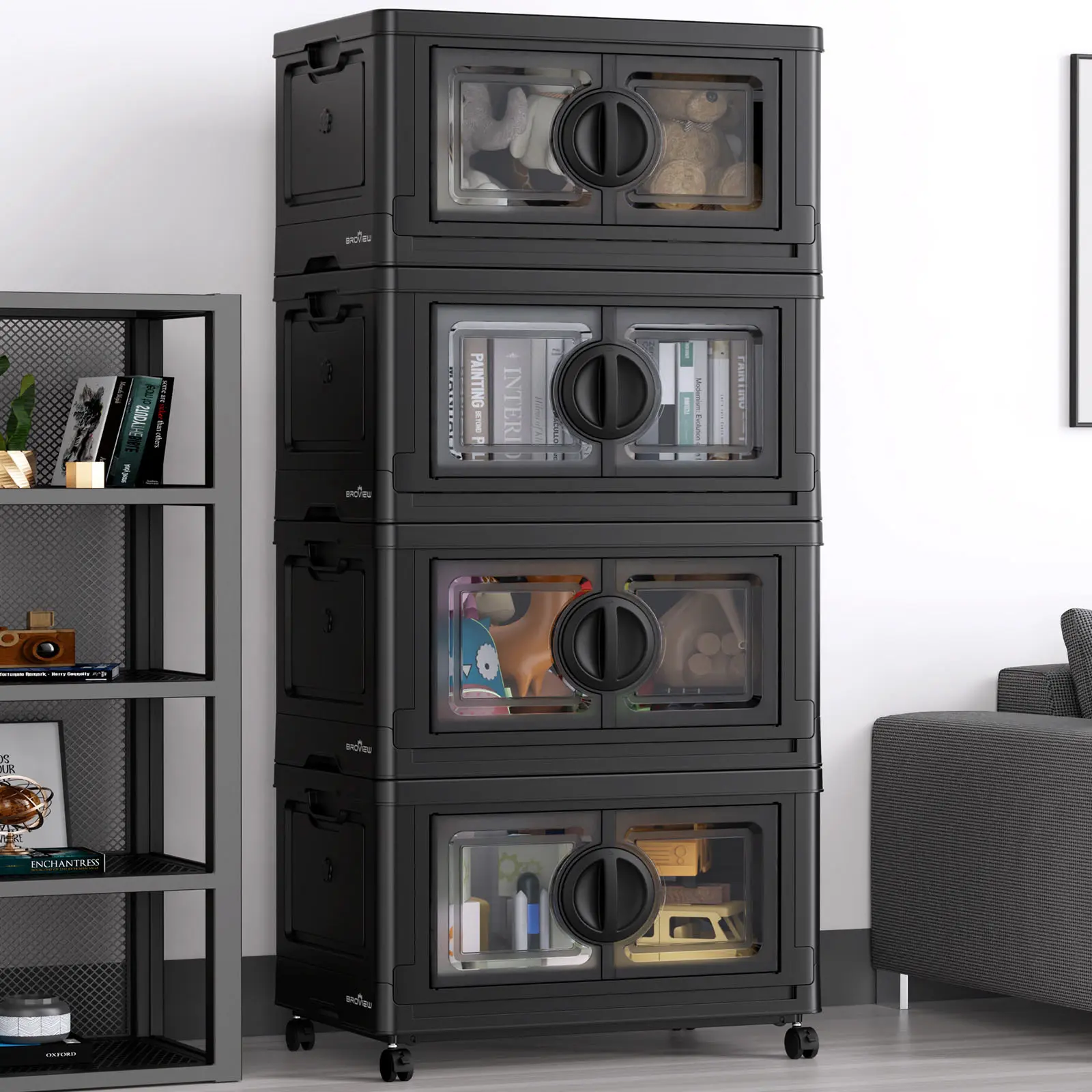 Broview V9 112Gal Storage Bins with Lids, Stackable Collapsible Storage Bins with Wheels, Closet Organizers and Storage, Folding Plastic Cabinet with Doors for Home Office Garage