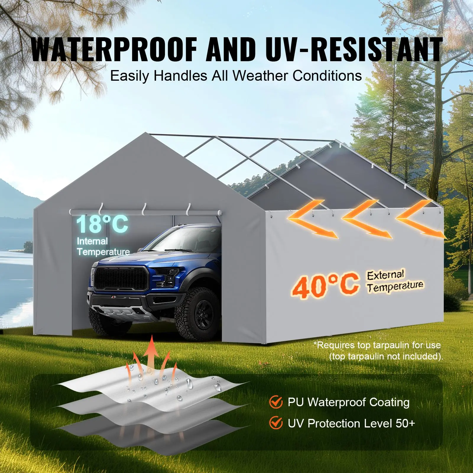 VEVOR 13x20 ft PE Fabric Carport Replacement Canopy Cover Side Wall, Practical Velcro-Ball Bungee Easy-Install Shelter Tarp, Heavy-Duty Waterproof Sun Protection for Weddings (Top & Frame Not Included)