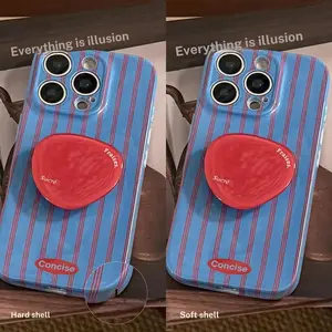 For iphone 17Promax Blue Red Striped Phone Case Protector with Red Strawberry Pop Socket, Stylish Protective Cover Casing Accessories for iPhone 16/15/14/13