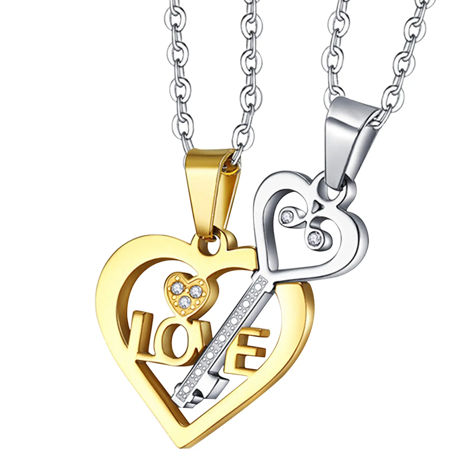 OIDEA 2-Piece Couple Necklaces Set - Interlock Pieces Heart-Key Puzzle Pendant, Stainless Steel Chain, 2-Sizes Romantic Jewelry for Anniversary Gift, Valentine's Day for Him and Her